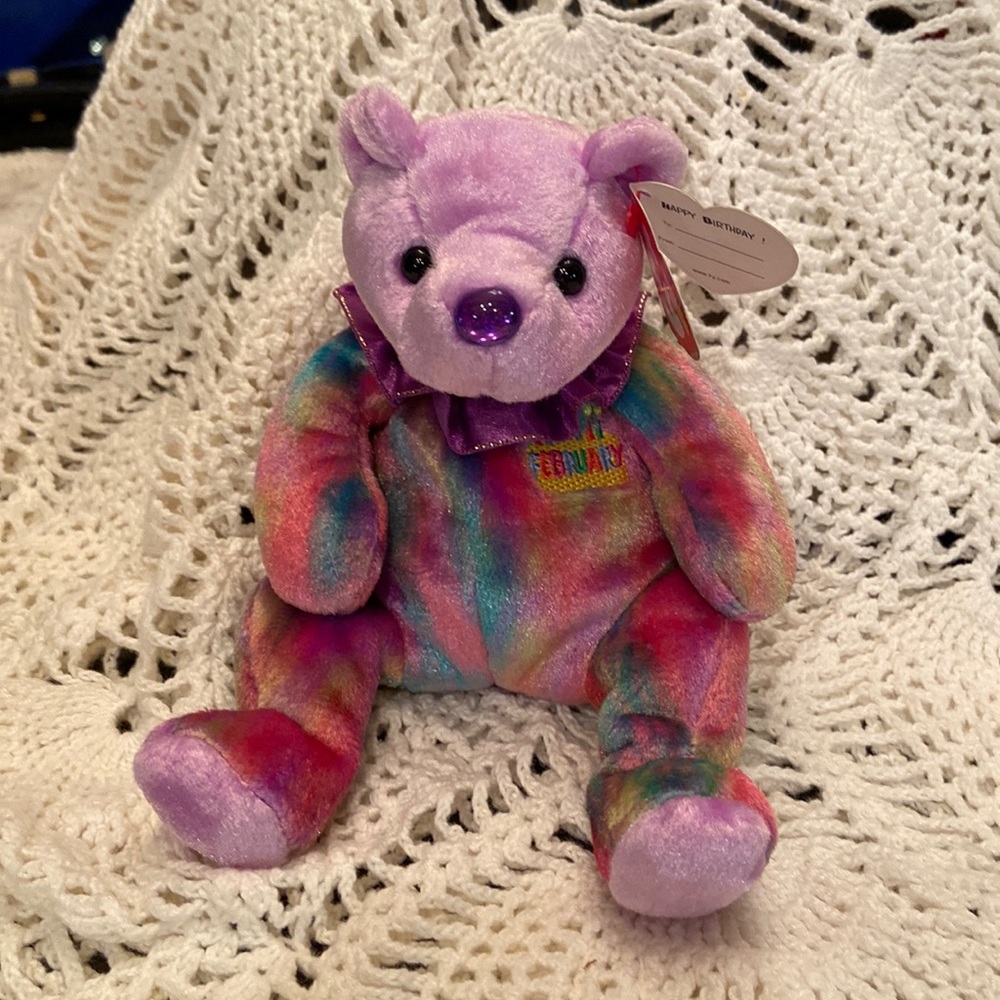 Beanie Baby - Birthday Bear - February!  Amethyst colored nose! Perfect